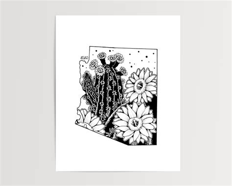 Arizona State Flowers Art Print Floral Map Country Drawing Etsy