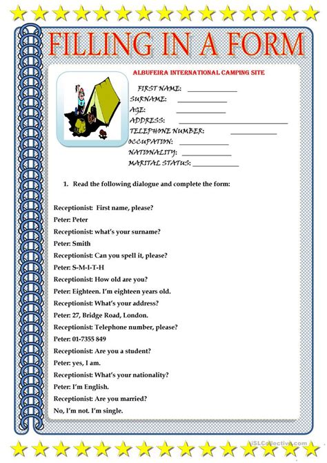 filling in a form worksheet - Free ESL printable worksheets made by ...