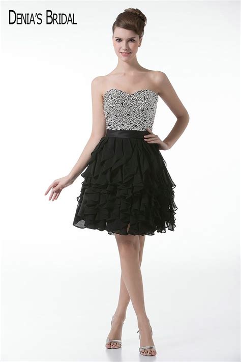 1290us Short Black Prom Dresses Real Image Sweetheart Neck Tiered