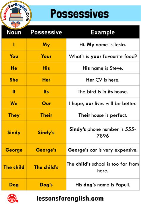 Nouns Possessives And Example Sentences Noun Possessive Example I My