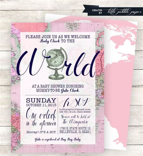 Pink Welcome To The World Baby Shower Invitation Printable Girl Gender Neutral Travel Theme