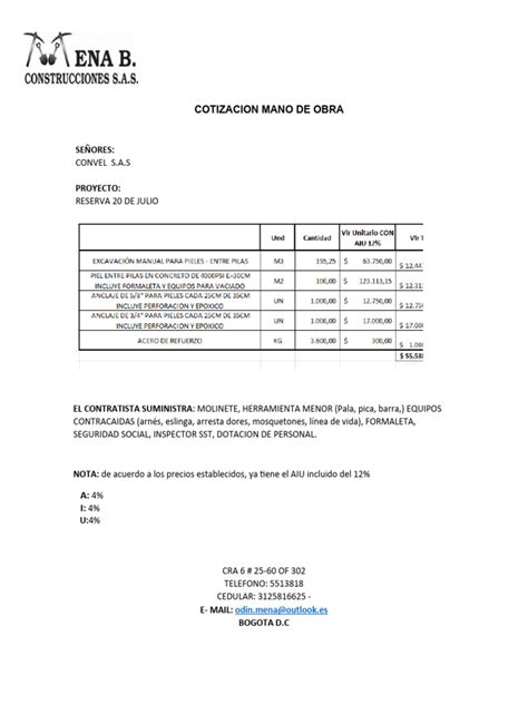 Cotizacion Mano De Obra Pdf