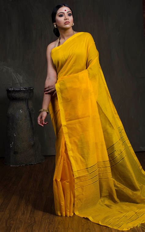Handloom Khadi Cotton Silk Saree With Temple Border In Yellow Bengal
