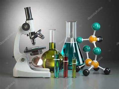 Microscope With Flasks Vials And Model Of Molecule Chemistry O Stock