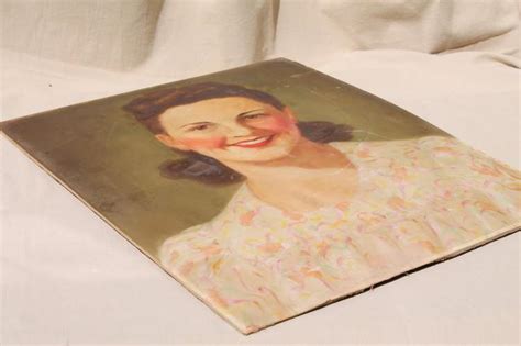 1940s Vintage Original Oil Painting Portrait Beautiful Girl W Flowered