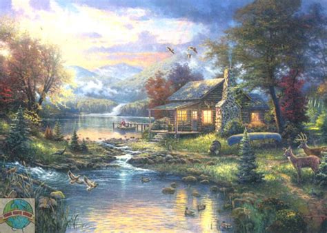 Lakeside Cabin Paintings Candamar Thomas Kinkade Natures Paradise
