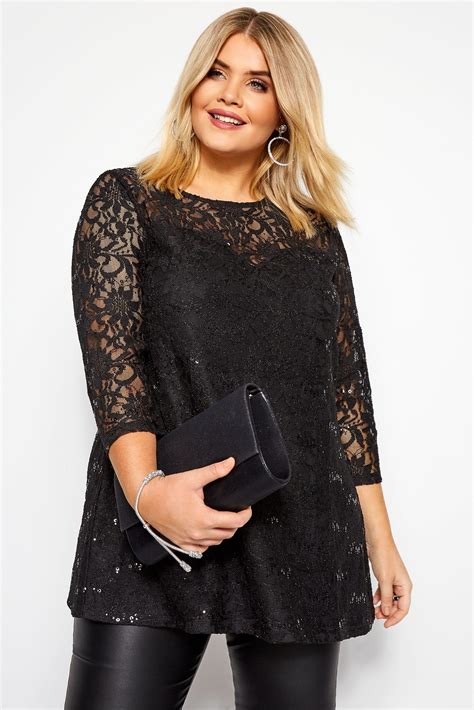 Black Sequin Lace Swing Top Yours Clothing