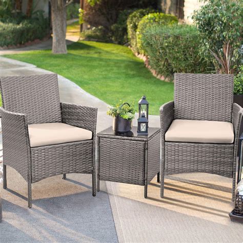 Lacoo 3 Pieces Outdoor Patio Furniture Gray Pe Rattan Wicker Table And