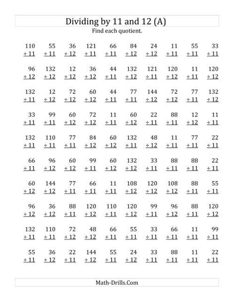 Dividing By 11 And 12 Quotients 1 To 12 A
