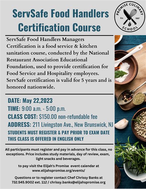 Promise Culinary Servsafe Mangers Food Handlers Certification Course Elijahs Promise