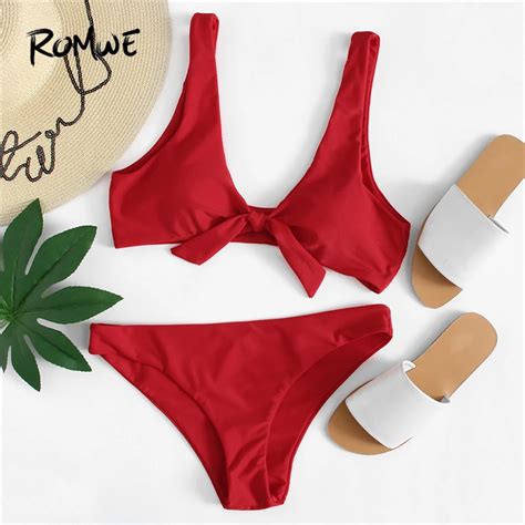 Romwe Sport Knot Front Red Knot Beach Hot Sexy Bikini Set Swimwear