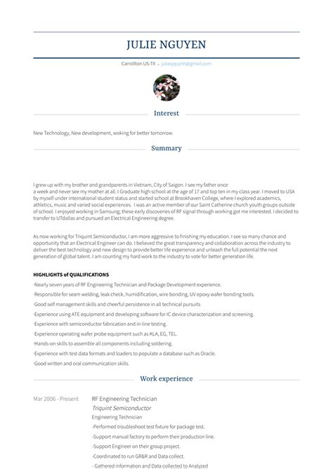 This ready to use document is one which is written professionally and in a formal tone that makes things easy for the person applying. Engineering Technician - Resume Samples and Templates | VisualCV