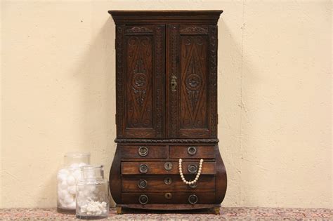 Carved Oak 1890 French Antique Collector Cabinet Or Jewelry Chest