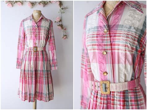 1960 s pink madras dress long sleeved plaid shirt dress etsy