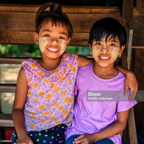 Little Burmese Girls In Village Near Bagan Myanmar Stock Photo