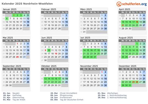 Kalender 2025 Ferien Nordrhein Westfalen Feiertage