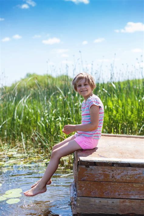 Barefoot Girl On Background Of Summer Landscape Stock Photo Image Of