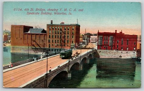 Waterloo Iowa~trolley And Buggy Cross 4th Street Bridge~syndicate