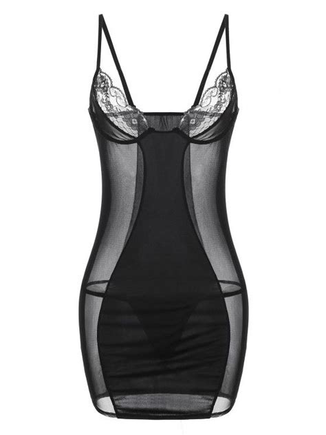 30 Off 2020 T Back Sheer Mesh Lace Panel Lingerie Babydoll In Black