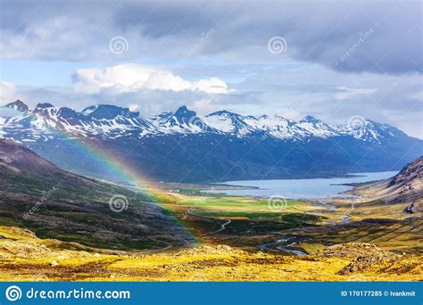 Gorgeous Icelandic Landscape With Fjord And Rainbow Stock Image Image