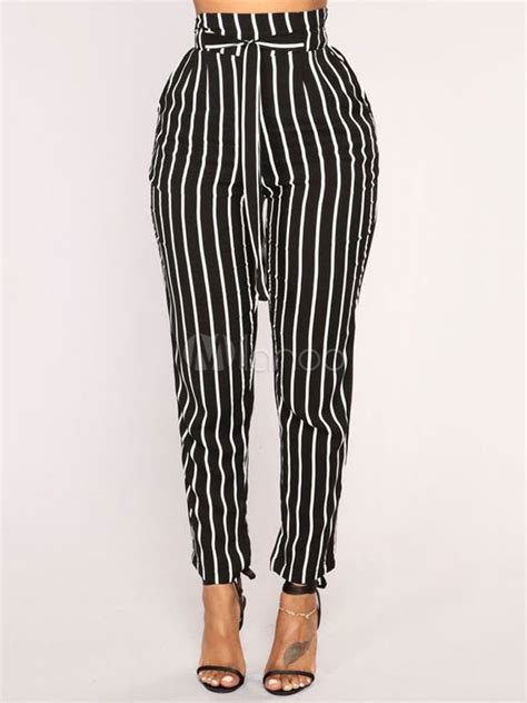 Paper Bag Pants Women Striped High Waist Cropped Trousers