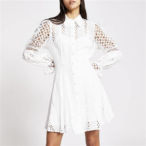 White Long Sleeve Pearl Button Broderie Dress River Island