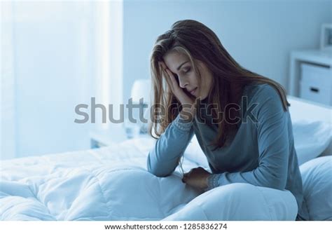 Depressed Woman Awake Night She Touching Stock Photo Edit Now 1285836274