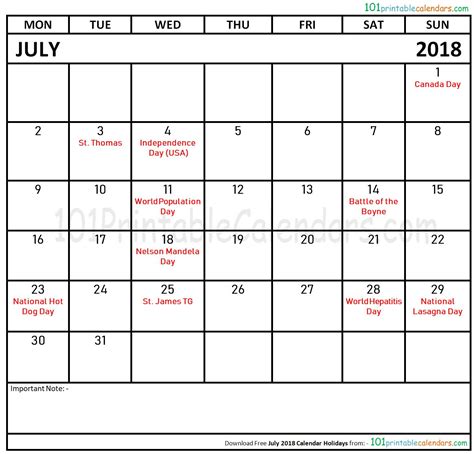 July 2018 Calendar Holidayshtml July