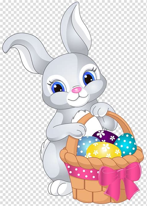 Grey Rabbit Holding Basket With Eggs Illustration Easter Bunny