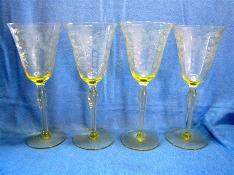 Vintage Lot 4 Yellow Etched Depression Wine Glasses Antique Price Guide Details Page