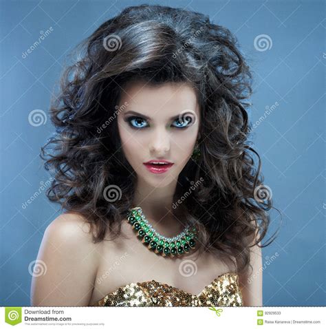 beautiful girl with long wavy hair brunette with curly hairstyle stock image image of female