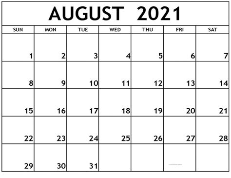 August 2021 Calendar Printable Schedule Excelsheet Calendar