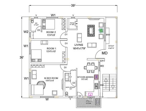 Autocad 3 Bhk House Layout Plan Dwg File Cadbull Images