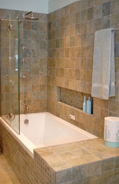 The large window keeps the restroom from looking dark and depressing. Modern tub shower combinations: traditional bathroom tile ...