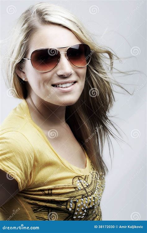 Attractive Blond In Sunglasses And A Stylish Top Stock Photo Image Of
