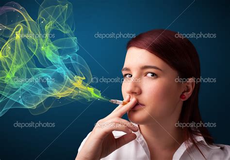 Pretty Lady Smoking Cigarette With Colorful Smoke Stock Photo By