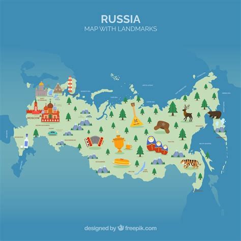 Kaart Van Rusland Met Monumenten Premium Vector