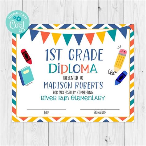 Editable 1st Grade Diploma Template 1st Grade Completion Etsy Finland
