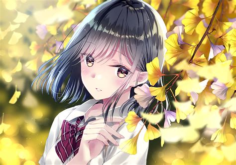 Autumn Black Hair Bow Brown Eyes Close Kobayashi Chisato Leaves