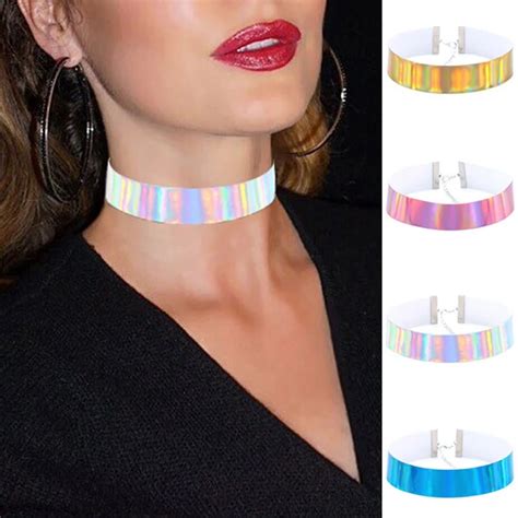 4pcs Set Trendy Holographic Glow Choker Necklace PU Leather Handmade