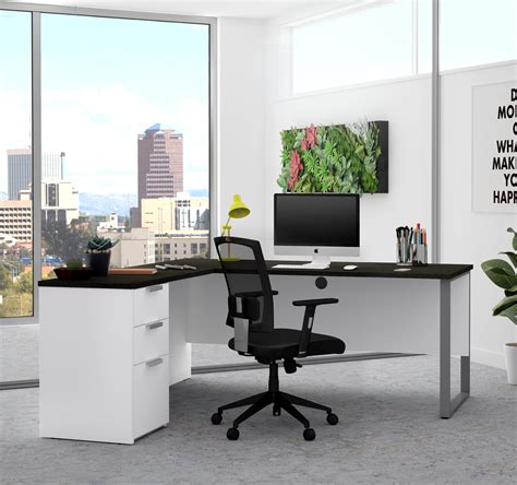 White And Deep Gray L Shaped Contemporary Single Pedestal Desk