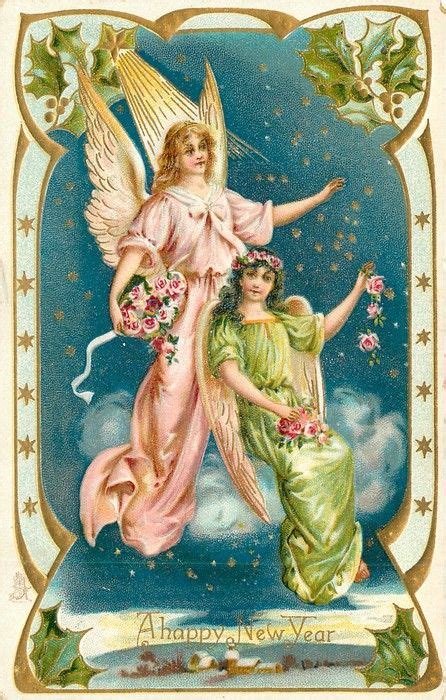 A Happy New Year Two Angels On Clouds One In Green Sitting One In