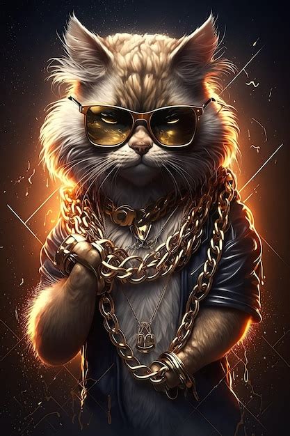 Cat Gangsta Rapero En Gafas De Sol Y Cadenas De Oro Thug Life Concept