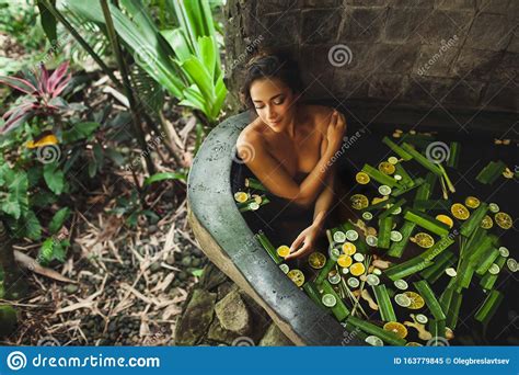 Woman Enjoying In Outdoor Tropical Spa Bath Tub Stock Image Image Of