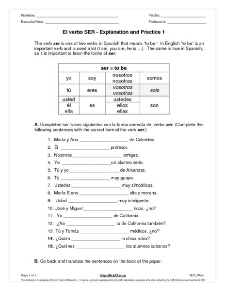 El Verbo Ser Explanation And Practice 1 Worksheet For 6th 7th Grade