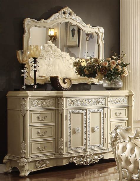Luxury Cream Carved Wood Dresser And Mirror Set 2 Pcs