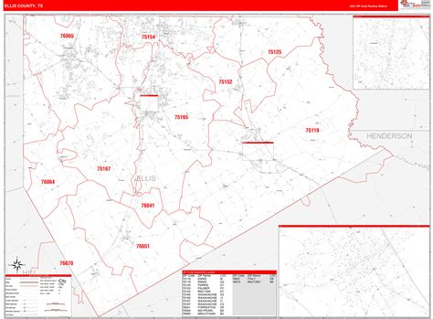 Ellis County Tx Zip Code Wall Map Red Line Style By Marketmaps Mapsales
