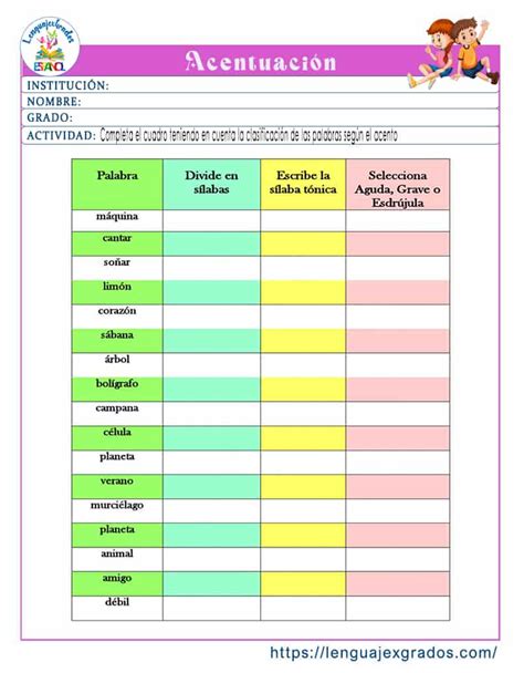 Acentuaci N Clasificaci N De Palabras Para Ni Os Con Ejercicios