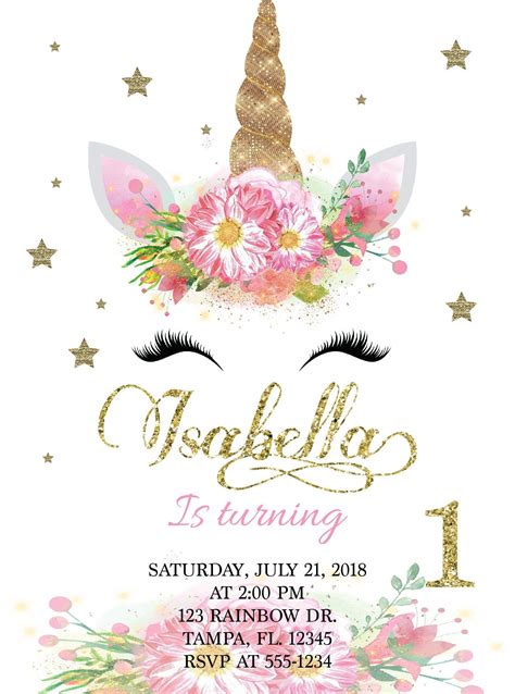 A Unicorn Birthday Party Flyer With Flowers And Stars On The Side