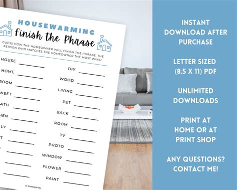 Housewarming Finish The Phrase Printable Housewarming Game Etsy